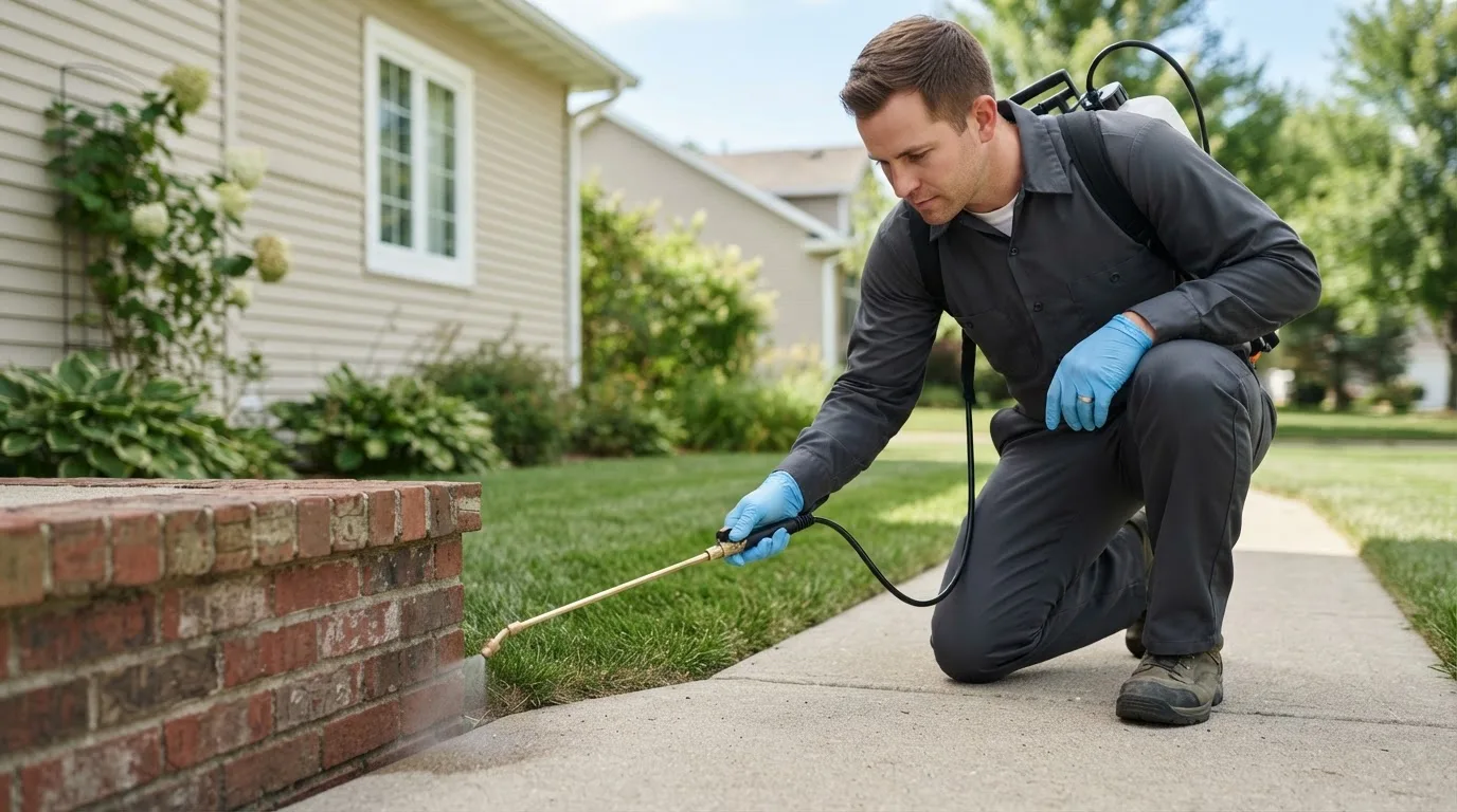 Pest control technician treating a home near Parkman, OH